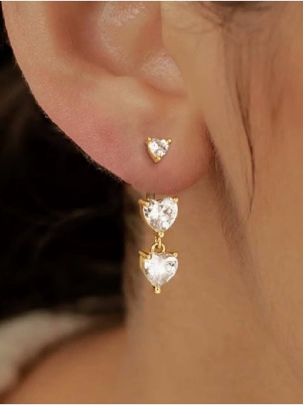 Gold Heart Drop Earrings with White Crystal Hearts